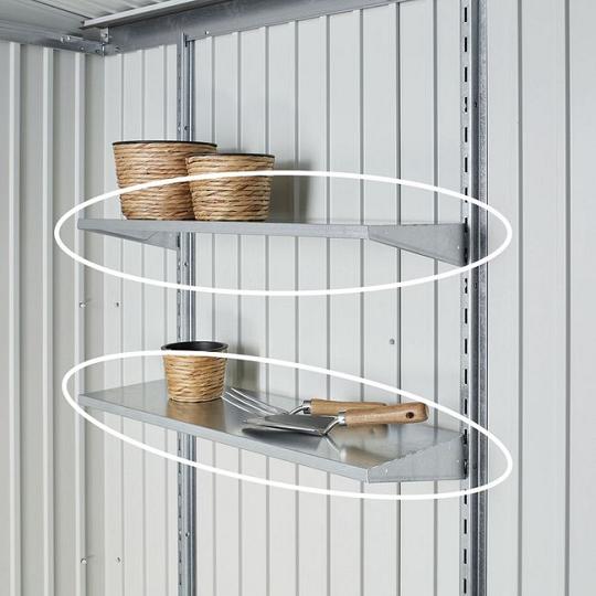 Schappen set voor alle bergingen, tuinkasten en Containerbox Alex 2 planken 4 Konsolen