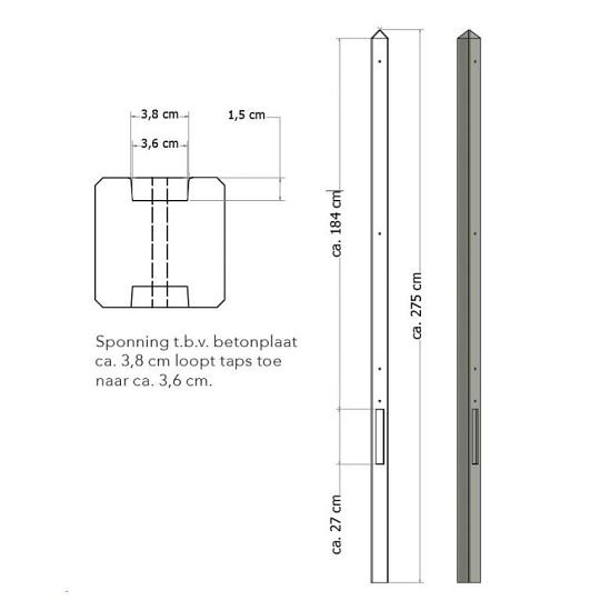 Lichtgewicht betonpaal met diamantkop ongecoat 8,5x8,5x275 cm, tussenpaal, grijs.