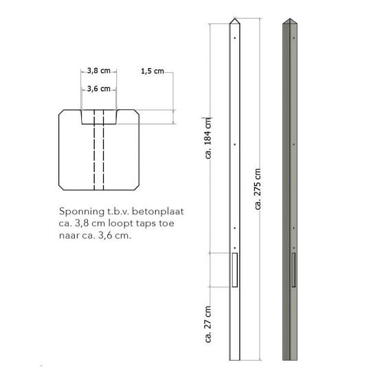 Lichtgewicht betonpaal met diamantkop ongecoat 8,5x8,5x275 cm, eindpaal, grijs.