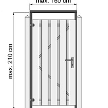 Tuindeurkozijn geschaafd naaldhout met aanslaglat, max. 160 cm breed, geïmpregneerd en zwart gedompeld.