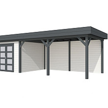 Vuren Topvision Bosuil, 300 x 300 en luifel 500 cm, wanden wit en basis antraciet.